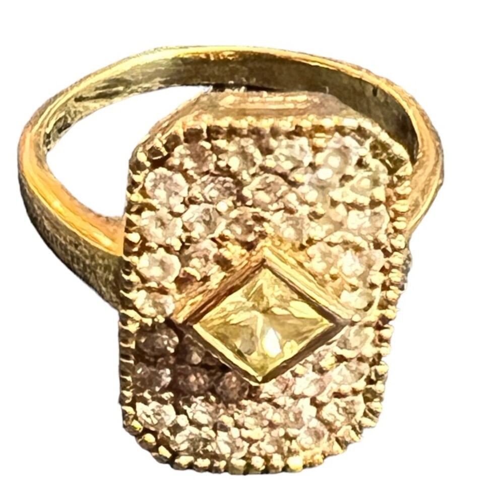 Gold-Tone Size 9 Ring Rectangular Clear Stone - image 1